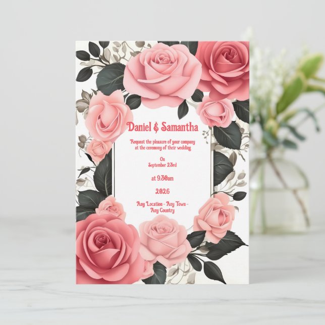 Invitaciones románticas a la boda rosa rosa (Anverso de pie)