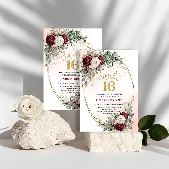 Invitaciones Románticas Bohemias de Floral de Borg (Romantic Bohemian Burgundy Floral Sweet 16 Invitation)