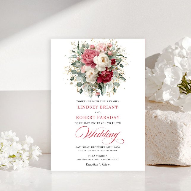 Invitaciones Románticas Bohemias Rojo Carmesí Blan (Romantic Bohemian Crimson Red White Gold Invitation)