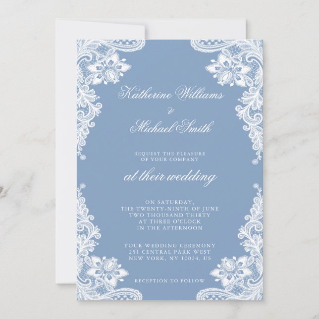 Invitaciones románticas de encaje blanco y boda az (Anverso)