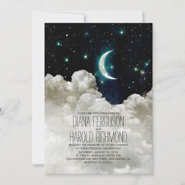 Invitaciones románticas de la luna y las estrellas (Anverso)