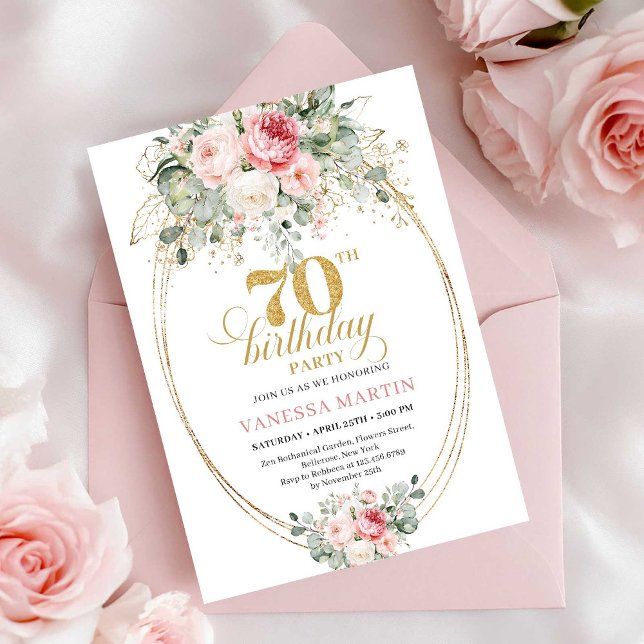 Invitaciones románticas polvorientas de cumpleaños (Romantic Dusty Pink Floral 70th Birthday Invitation)