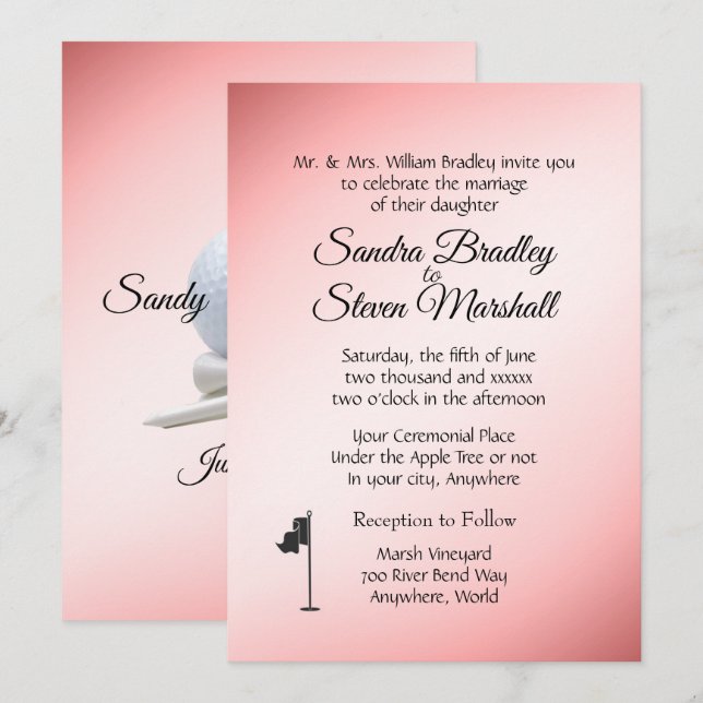 Invitaciones rosadas al tema del Boda de golf (Anverso / Reverso)