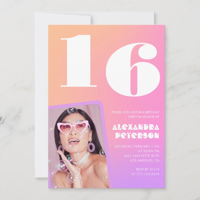 Invitaciones rosadas de 16 años para su foto retro (Anverso)