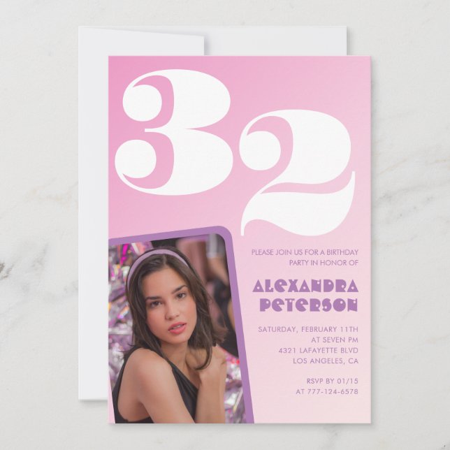 Invitaciones rosadas de 32 años Retro Photo (Anverso)