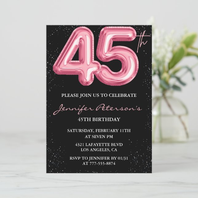 Invitaciones rosadas de 45 años Globo Glam Black (Anverso de pie)