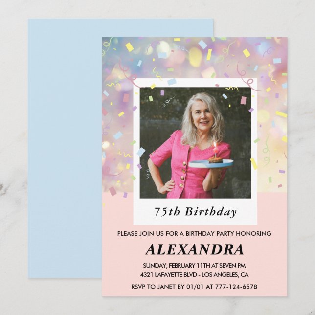 Invitaciones rosadas de 75 años Confetti Photo (Anverso / Reverso)