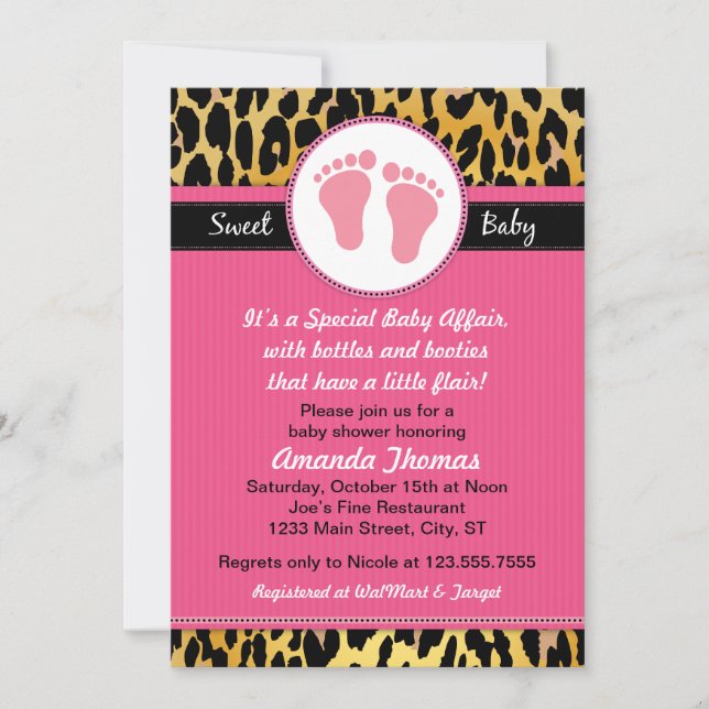 Invitaciones rosadas de Baby Shower del leopardo (Anverso)