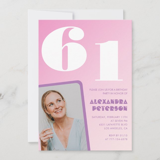 Invitaciones rosadas de cumpleaños 61 Retro Photo (Anverso)