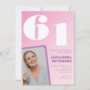 Invitaciones rosadas de cumpleaños 61 Retro Photo