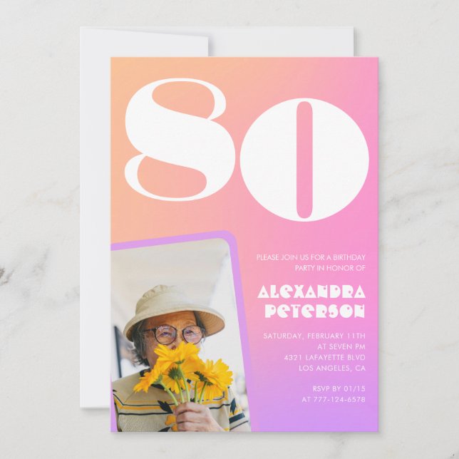 Invitaciones rosadas de cumpleaños 80 para su foto (Anverso)