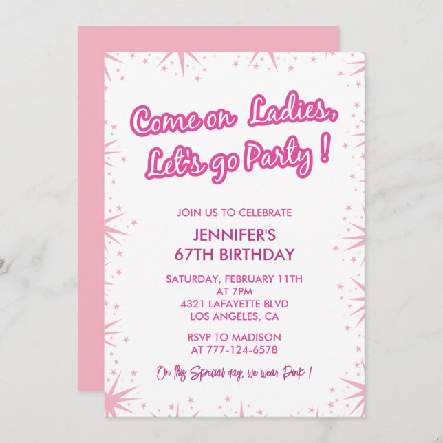 Invitaciones rosadas de cumpleaños número 67 Chica (Anverso / Reverso)