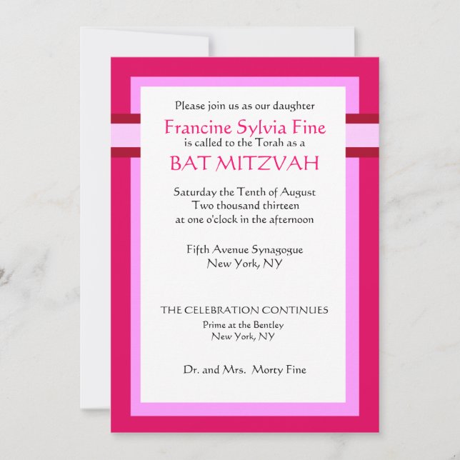 Invitaciones rosadas de encargo de Mitzvah del (Anverso)