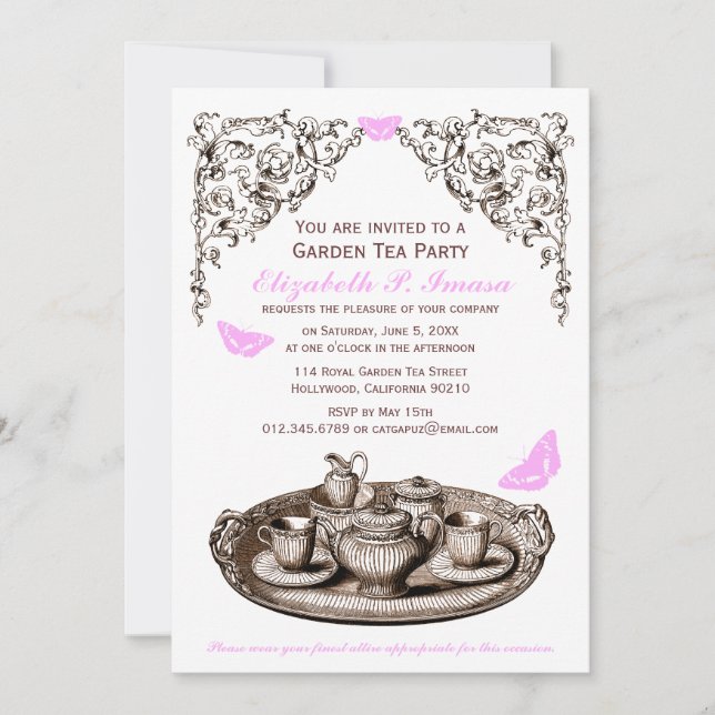 Invitaciones rosadas de la fiesta del té del (Anverso)