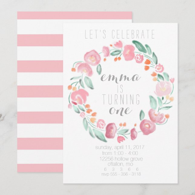 Invitaciones rosadas de la flor del 1r cumpleaños (Anverso / Reverso)