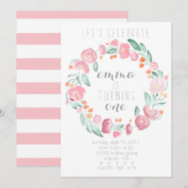 Invitaciones rosadas de la flor del 1r cumpleaños