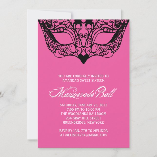 Invitaciones rosadas de la mascarada (Anverso)