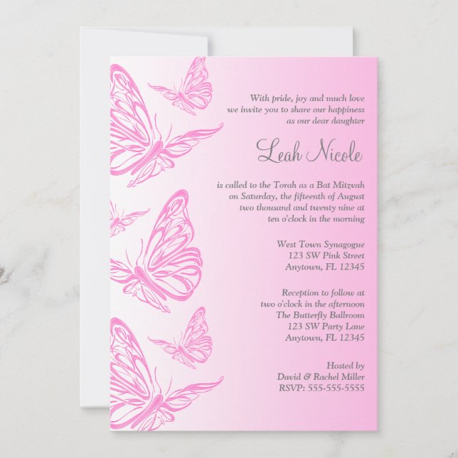Invitaciones rosadas de Mitzvah del palo de la (Anverso)