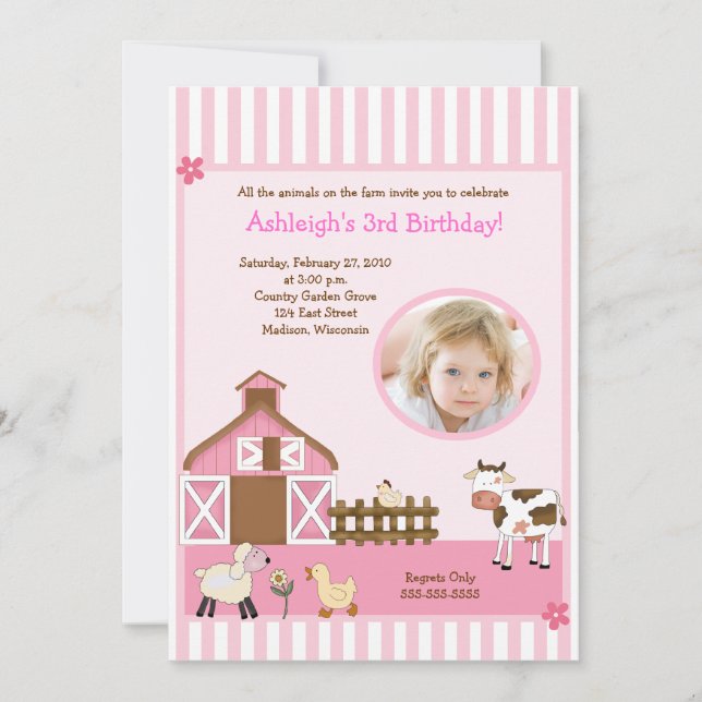 Invitaciones rosadas del cumpleaños de la FOTO de (Anverso)