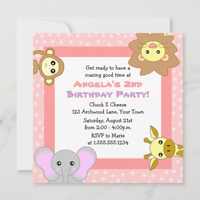 Invitaciones rosadas del cumpleaños de los niños (Anverso)