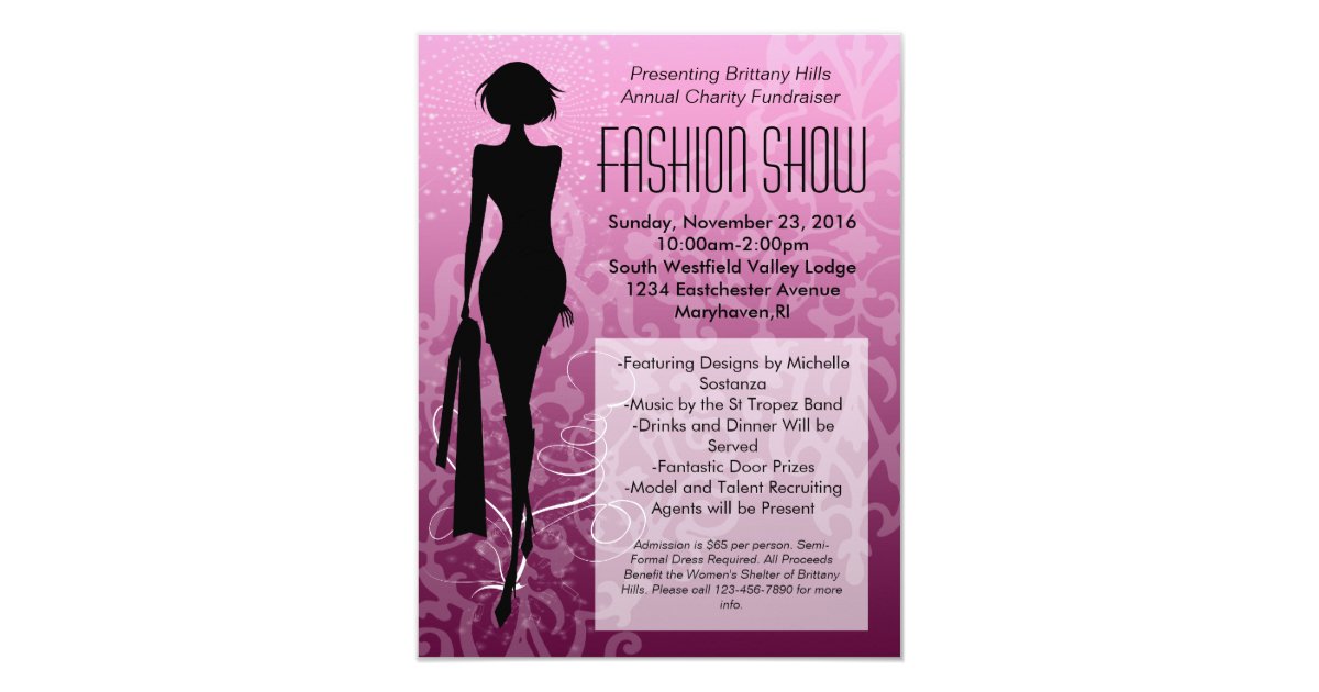 Invitaciones rosadas del desfile de moda de la