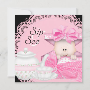 Invitaciones Rosadas Negras para Niña Bebé Sip & S