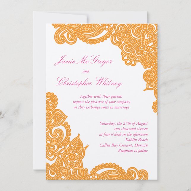 Invitaciones rosadas y anaranjadas de la boda de (Anverso)