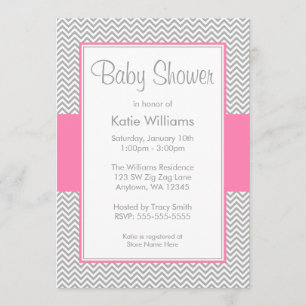 Invitaciones rosadas y grises de Chevron Baby
