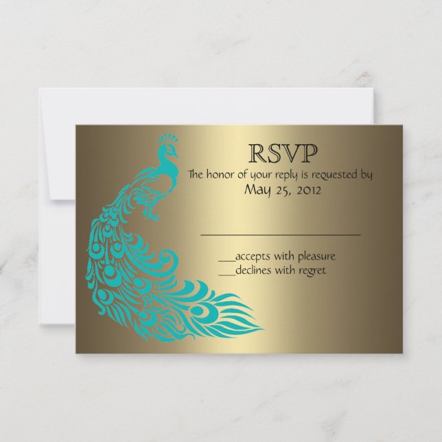 Invitaciones RSVP de Oro y Oro de Peacock Verde az (Anverso)