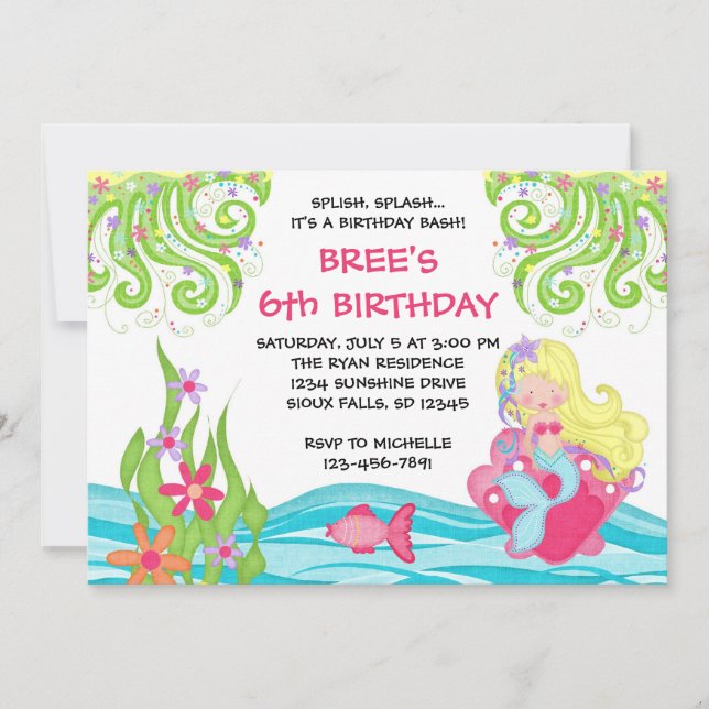 Invitaciones rubias del cumpleaños de la sirena (Anverso)