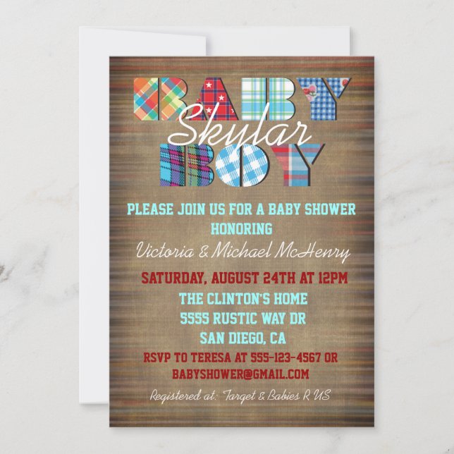 Invitaciones Rustic Plaid Baby Boy Baby Shower (Anverso)