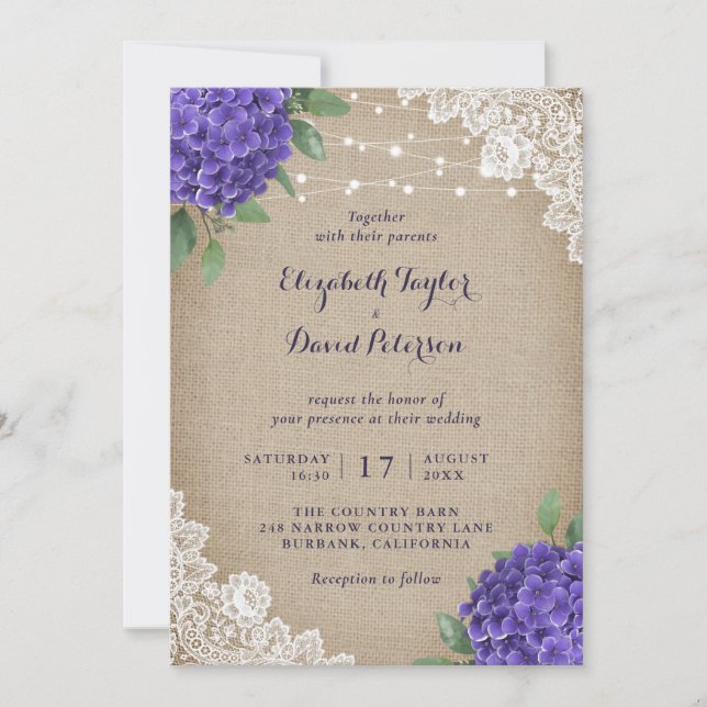 Invitaciones rusticas a bodas en burlap morado con (Anverso)