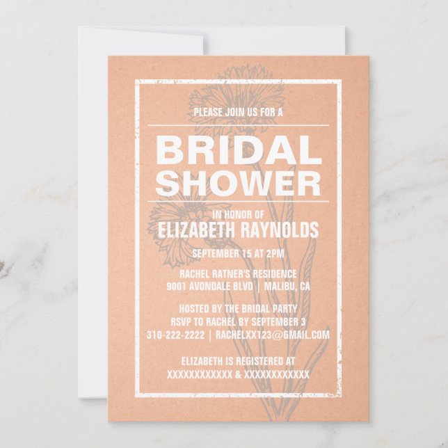 Invitaciones rusticas a ducha de novias de coral (Anverso)