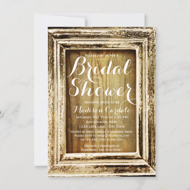Invitaciones rusticas a ducha de novias de madera  (Anverso)