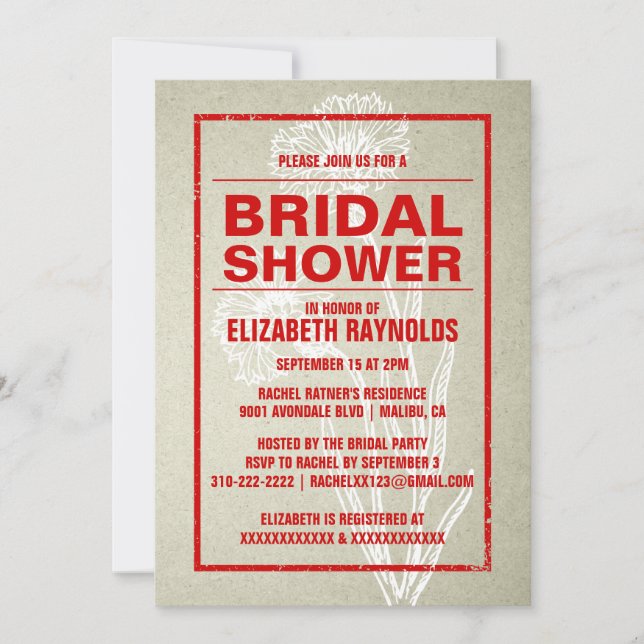 Invitaciones rusticas a ducha de novias rojas y bl (Anverso)