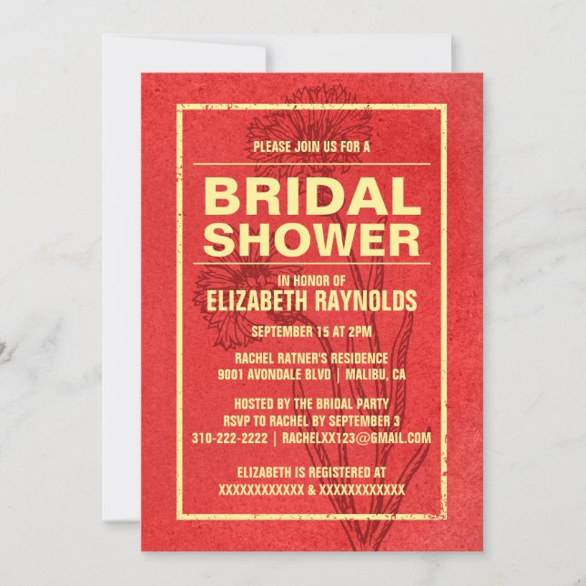 Invitaciones rusticas a ducha de novias rojas y do (Anverso)