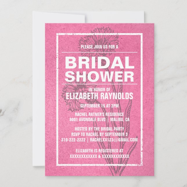 Invitaciones rusticas a ducha de novias rosadas (Anverso)