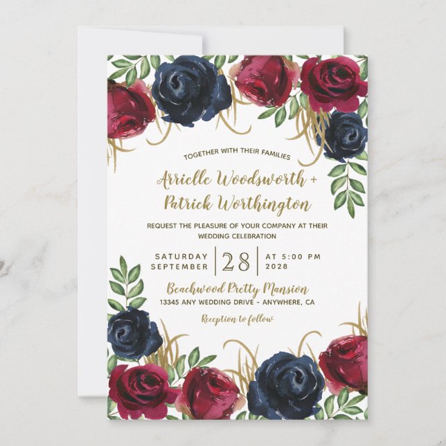 Invitaciones rusticas a la Boda Azul de Borgoña y  (Anverso)