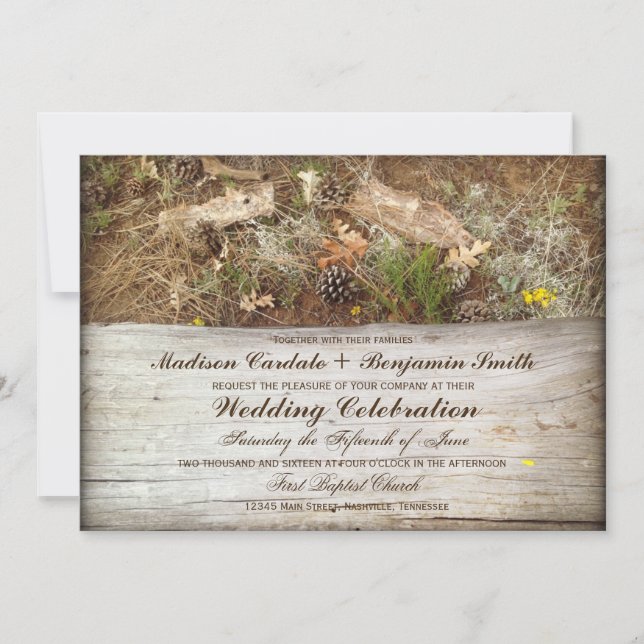 Invitaciones rusticas a la boda campestre de camo  (Anverso)
