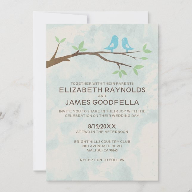 Invitaciones rusticas a la boda de aves azules (Anverso)