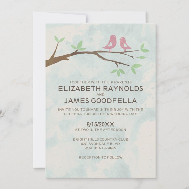 Invitaciones rusticas a la boda de aves rojas (Anverso)