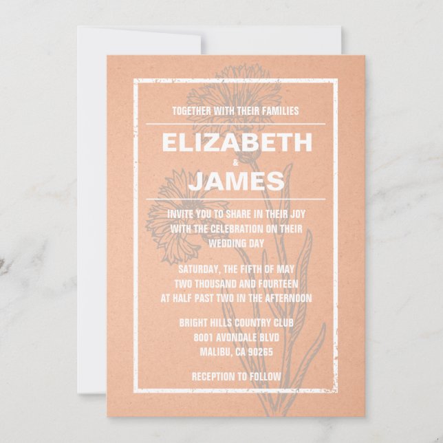 Invitaciones rusticas a la boda de coral de cosech (Anverso)