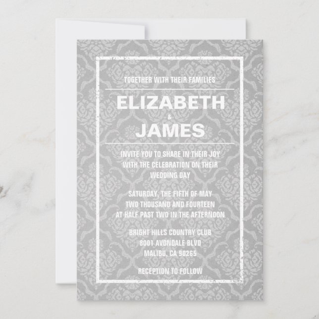 Invitaciones rusticas a la boda de Damasco Blanco  (Anverso)