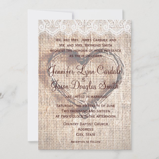 Invitaciones rusticas a la boda de dos corazones e (Anverso)