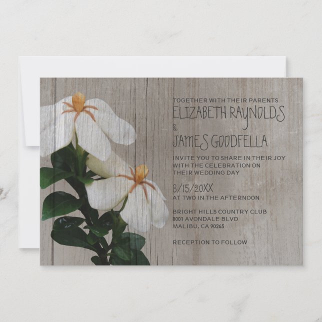 Invitaciones rusticas a la boda de gardenias (Anverso)