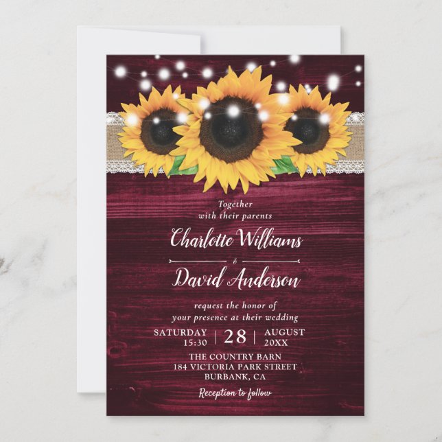 Invitaciones rusticas a la boda de girasol y borgo (Anverso)