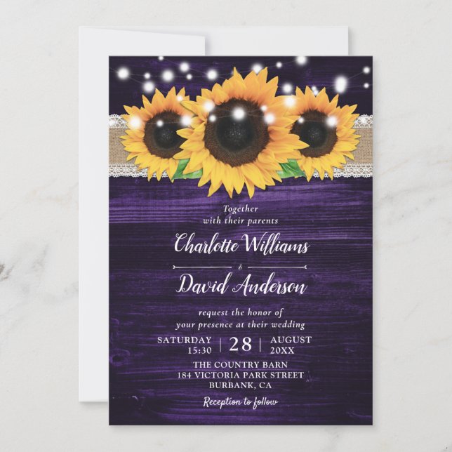 Invitaciones rusticas a la boda de girasol y púrpu (Anverso)