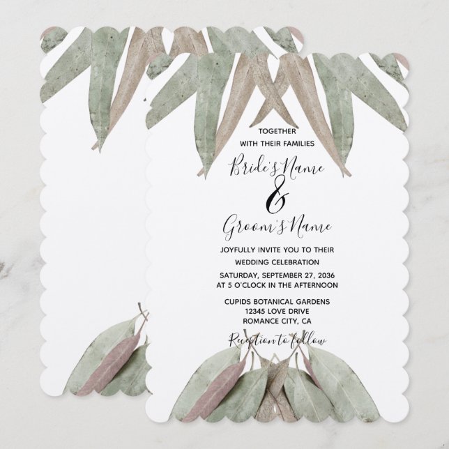 Invitaciones rusticas a la boda de la hoja de euca (Anverso / Reverso)