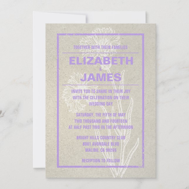 Invitaciones rusticas a la boda de la Lavanda Vint (Anverso)