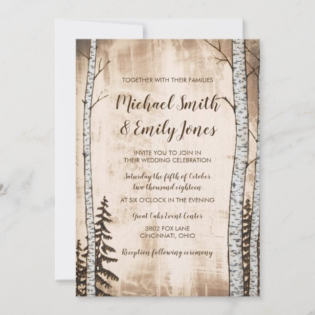 Invitaciones rusticas a la boda de madera y árbole (Anverso)